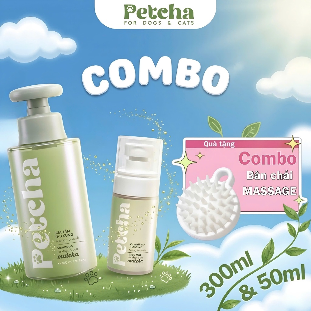 Combo Sữa Tắm + Xịt Khử Mùi Cho Chó Mèo | PETCHA - Làm Sạch Lông Thú Cưng, Khử Mùi Hiệu Quả, Dịu Nhẹ An Toàn, Giữ Lôn