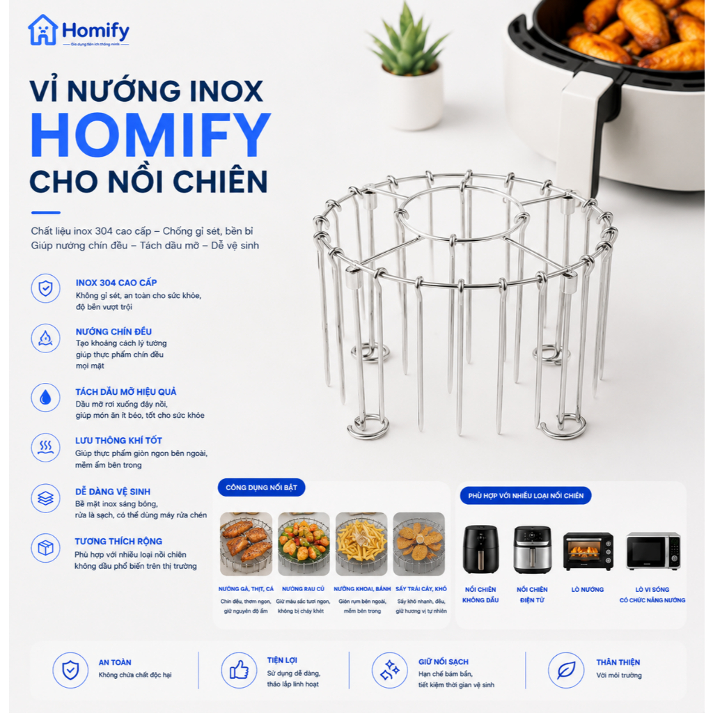 Vỉ Nướng Inox 304 Homify Cho Nồi Chiên Không Dầu, Giá Treo Xiên Nướng BBQ Tháo Rời Chịu Nhiệt Cao
