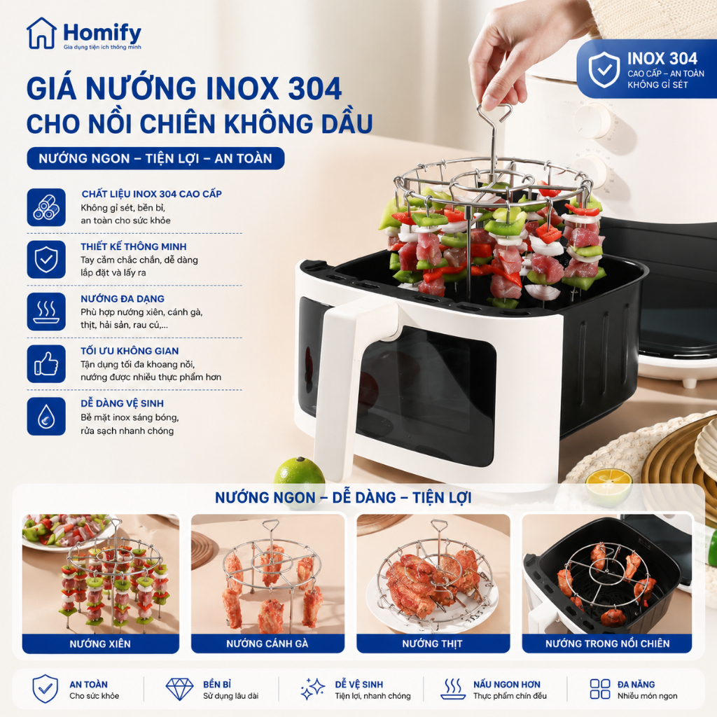 Vỉ Nướng Inox 304 Homify Cho Nồi Chiên Không Dầu, Giá Treo Xiên Nướng BBQ Tháo Rời Chịu Nhiệt Cao