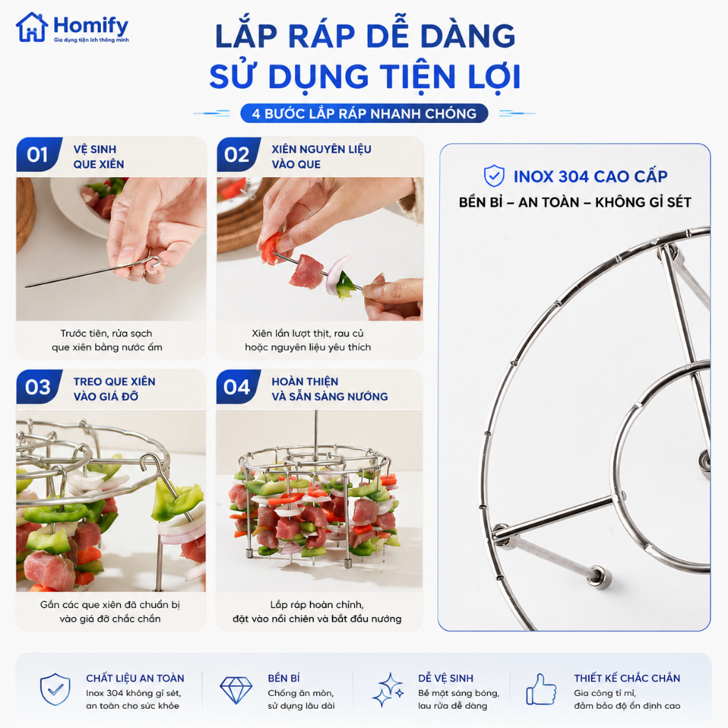 Vỉ Nướng Inox 304 Homify Cho Nồi Chiên Không Dầu, Giá Treo Xiên Nướng BBQ Tháo Rời Chịu Nhiệt Cao