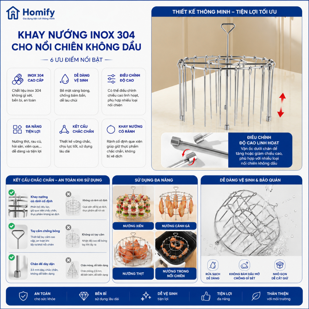 Vỉ Nướng Inox 304 Homify Cho Nồi Chiên Không Dầu, Giá Treo Xiên Nướng BBQ Tháo Rời Chịu Nhiệt Cao