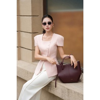 Áo Vest Nữ Roselle Cổ Vuông Queen Hàn Đỏ/Hồng Thiết Kế Charllot Chiết Eo Tôn Dáng Co Giãn Ít Nhăn