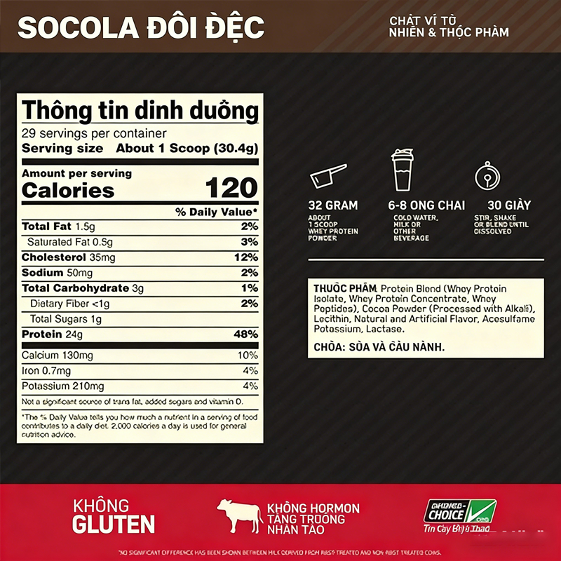 Bột Protein Whey 100% Tiêu chuẩn Vàng, Gói 5 pound, Hương vị Sô cô la, Thực phẩm bổ sung tăng cơ