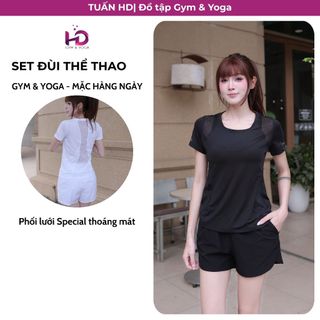 Set đồ tập gym, yoga, mặc hàng ngày phối lưới thoáng mát, set đùi điều hòa Tuấn HD quần 2 lớp