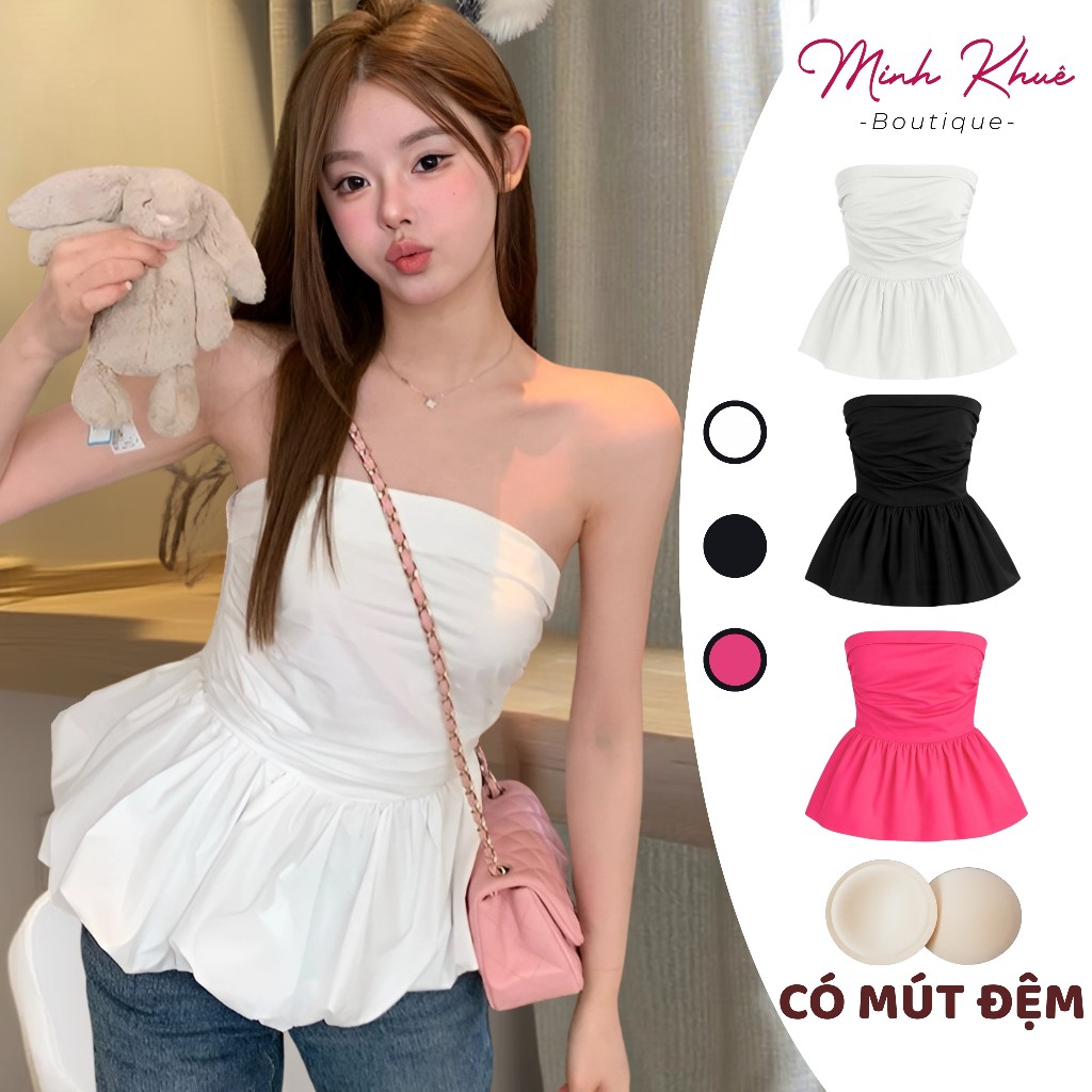[Mở Bán] Áo Ống Phồng Chất Kate Có Mút Ngực Áo Quây Cúp Dáng Xòe Đẹp Tôn Dáng CR51 Minh Khuê Boutique