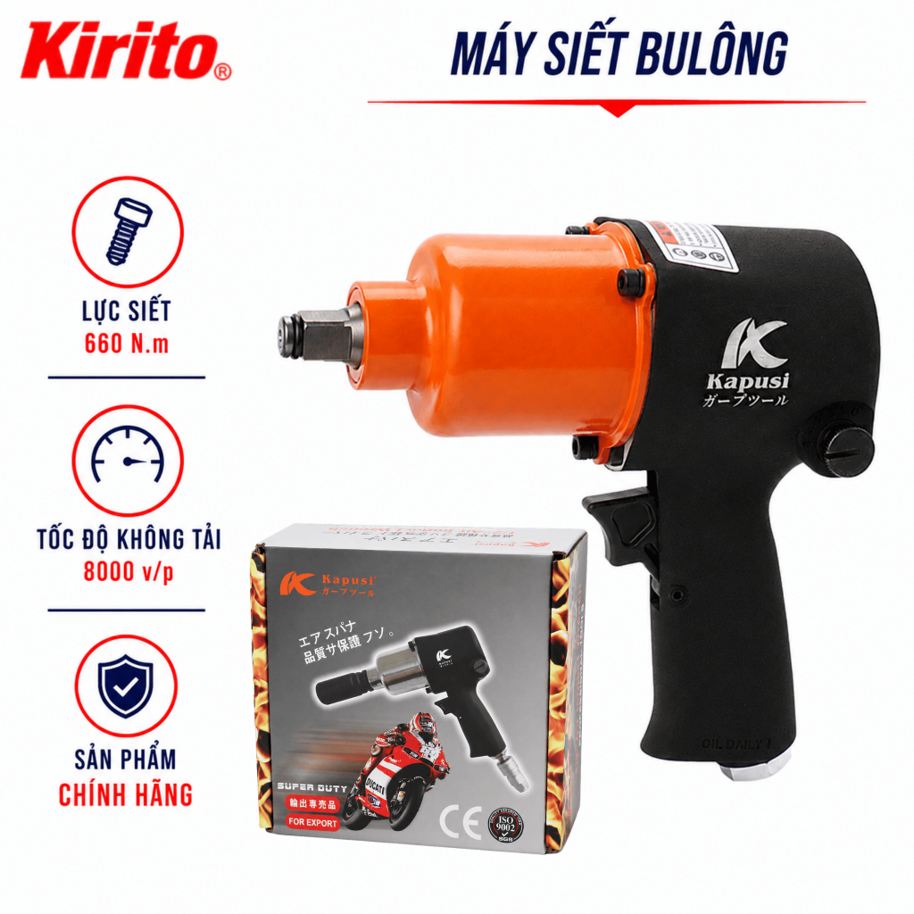 Máy Siết Bulông Dùng Hơi Kapusi K1416 2 Búa, Lực Siết 660N.m Chuyên Sửa Chữa Ô Tô Xe Máy - Hộp Đen
