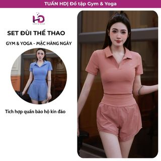 Bộ Đồ Tập Gym Nữ TUẤN HD Set Áo Polo Thể Thao & Quần Đùi 2 Lớp Đồ Tập Tennis Pickleball 705