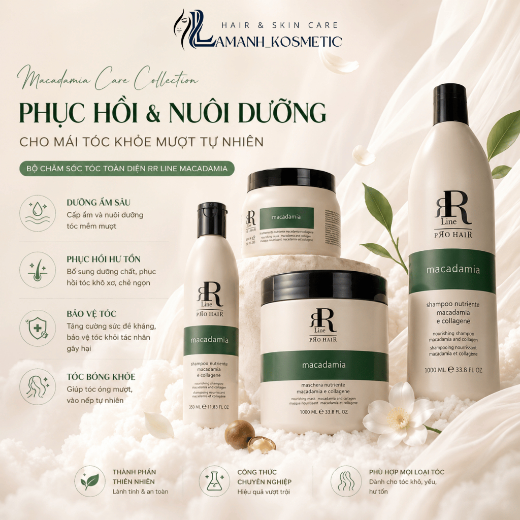 Dầu Gội / Kem Ủ Xả Tóc RR Line Real Macadamia 1000ml | Dưỡng Tóc Mềm Mượt, Hỗ Trợ Phục Hồi Tóc Khô Xơ.