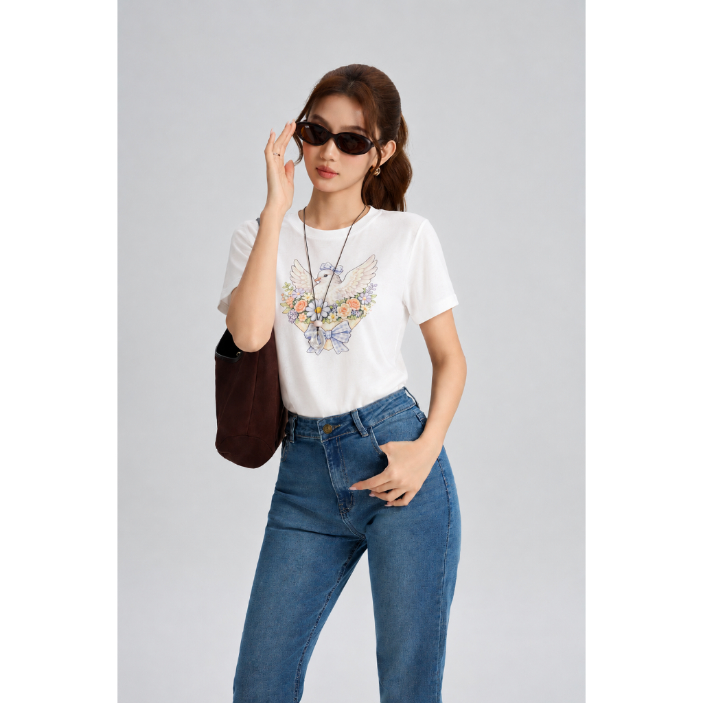 Áo Thun Nữ Tay Ngắn Gmorning Form Suông Cơ Bản Chất Cotton 2C Thoáng Mát In Hình Trẻ Trung YATG07007