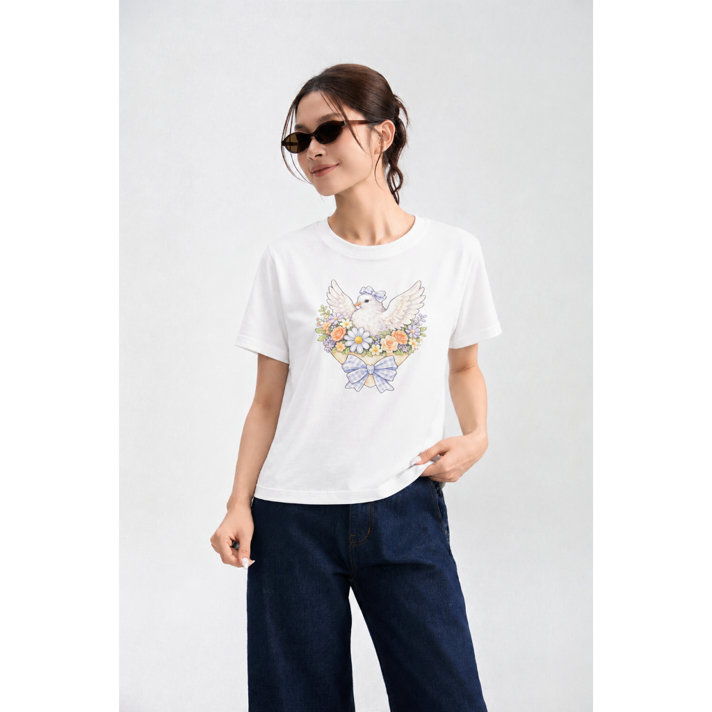 Áo Thun Nữ Tay Ngắn Gmorning Form Suông Cơ Bản Chất Cotton 2C Thoáng Mát In Hình Trẻ Trung YATG07007