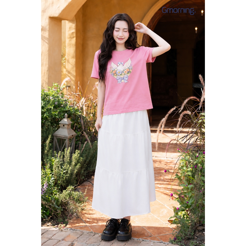 Áo Thun Nữ Tay Ngắn Gmorning Form Suông Cơ Bản Chất Cotton 2C Thoáng Mát In Hình Trẻ Trung YATG07007