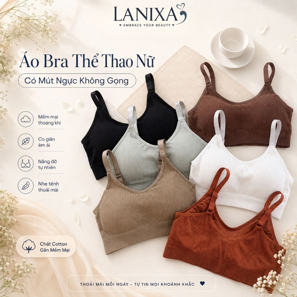 Áo bra nữ tập gym thể thao đệm mút sẵn mỏng nhẹ ôm ngực chất cotton gân tăm thấm hút LANIXA B1182