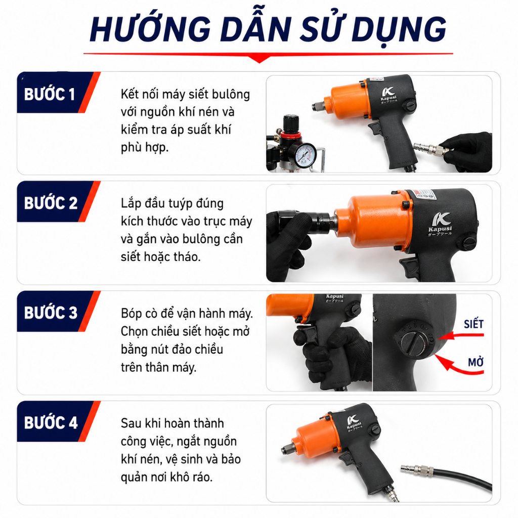 Máy Siết Bulông Dùng Hơi Kapusi K1416 2 Búa, Lực Siết 660N.m Chuyên Sửa Chữa Ô Tô Xe Máy - Hộp Đen