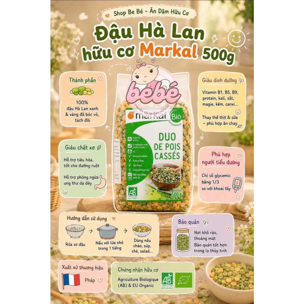Đậu Hà Lan Hữu Cơ Markal 500g Pháp, 2 Màu Xanh & Vàng. Nấu Cháo Ăn Dặm, Làm Sữa Hạt,...