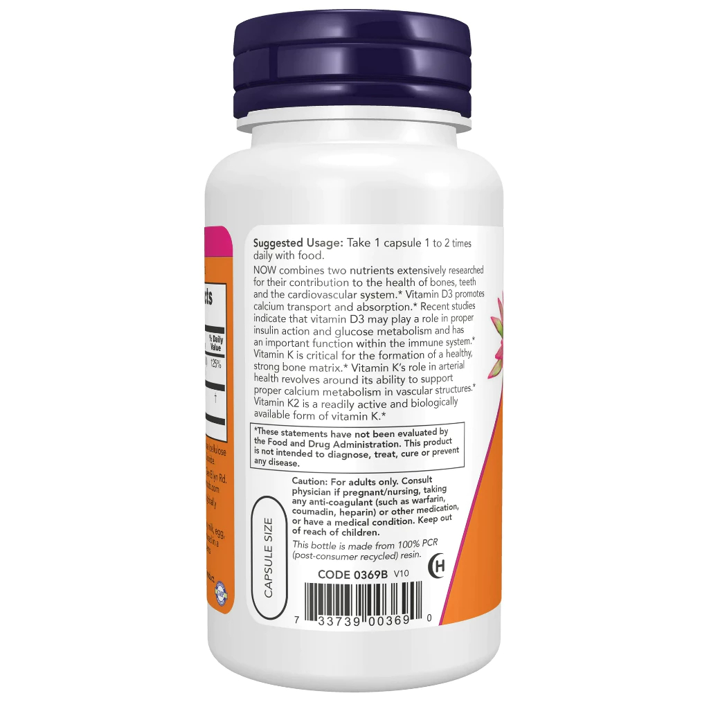 Viên uống Now Vitamin D3 K2 giúp xương chắc khỏe, tăng hệ miễn dịch