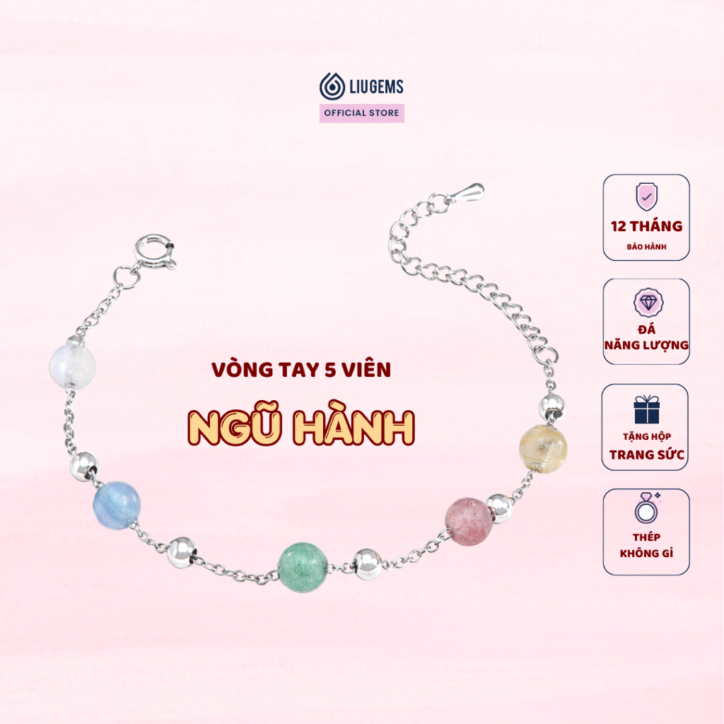 Vòng Tay Thép Phong Thủy Ngũ Hành Liugems - Mix 5 Màu Đá Năng Lượng Từ Tự Nhiên Thu Hút Tài Lộc, Bình An, VT15