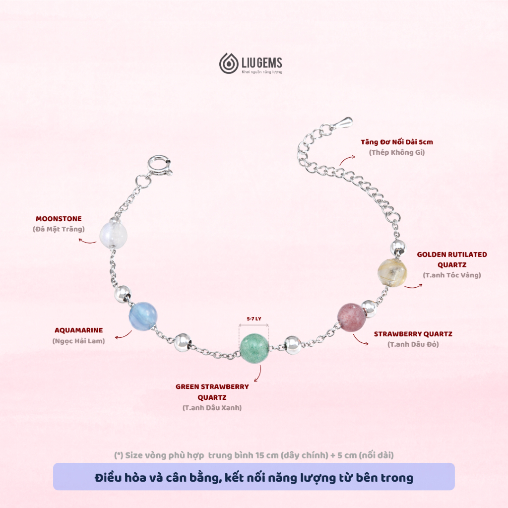 Vòng Tay Thép Phong Thủy Ngũ Hành Liugems - Mix 5 Màu Đá Năng Lượng Từ Tự Nhiên Thu Hút Tài Lộc, Bình An, VT15