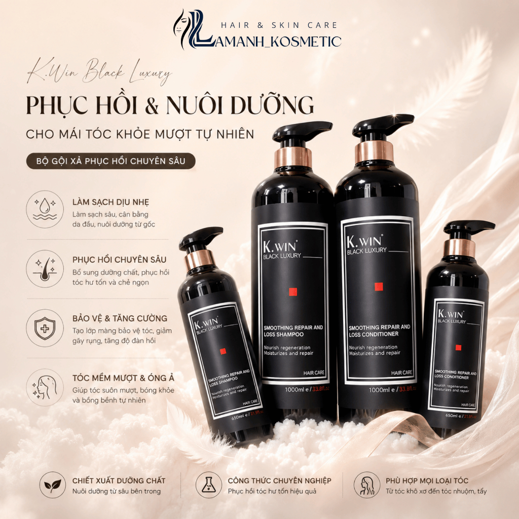 Cặp Dầu Gội Xả K.win Black Luxury 650ml/1000ml | Dưỡng Tóc Mềm Mượt, Hỗ Trợ Phục Hồi Tóc Khô Xơ.