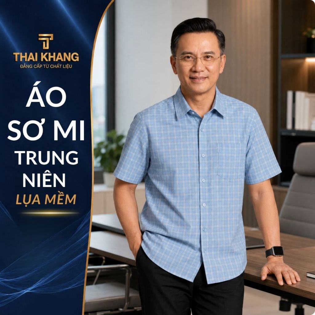 Áo sơ mi caro nam trung niên THÁI KHANG loại áo ngắn tay vải lụa co giãn mềm mịn form classic ATK48