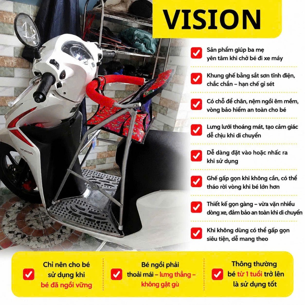 GHẾ NGỒI XE MÁY VISION-MIO-CLICK-VARIO-LUVIAS-JANUS-KLARA SẮT SƠN TĨNH ĐIỆN CHO BÉ