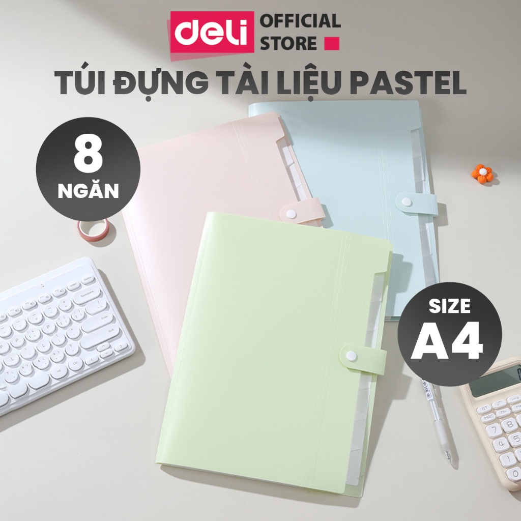 [🔥MỞ BÁN] Túi Đựng Tài Liệu 8 Ngăn A4 Deli Pastel Cặp File Hồ Sơ Nhiều Ngăn Có Tab Phân Loại, Khóa Bấm Chống Rơi Giấy