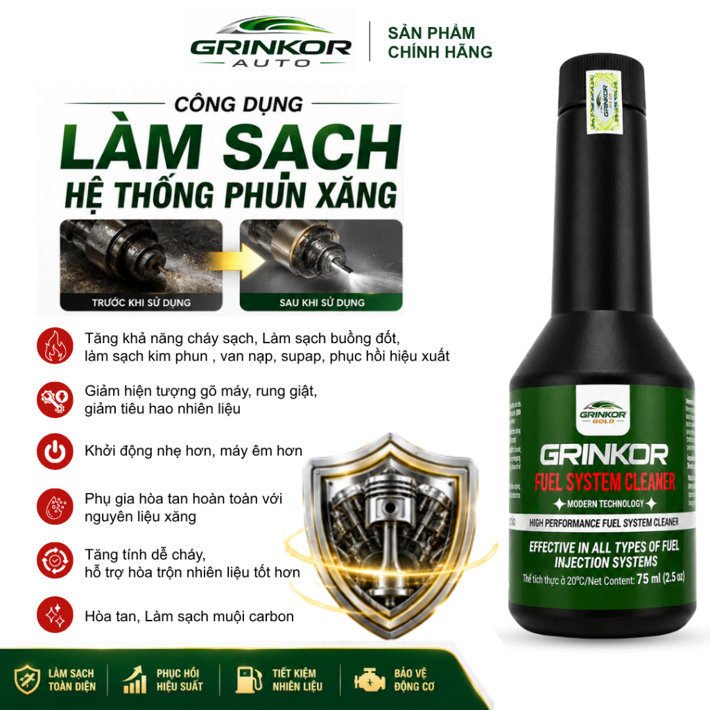 Phụ Gia Vệ Sinh Kim Phun Buồng Đốt Xe Máy Grinkor Auto 75ml Hỗ Trợ Vận Hành Êm Hơn, Duy Trì Hiệu Suất Động Cơ