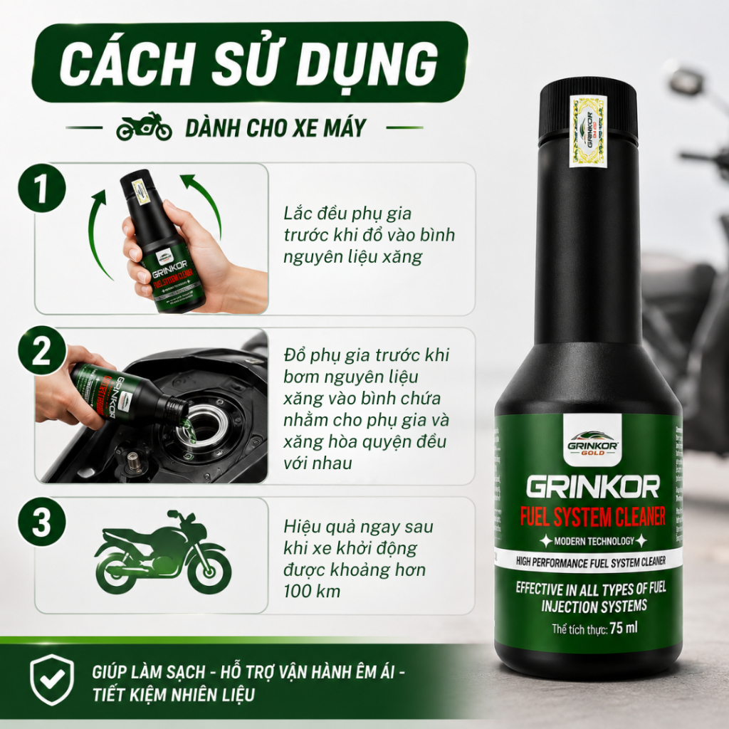 Phụ Gia Vệ Sinh Kim Phun Buồng Đốt Xe Máy Grinkor Auto 75ml Hỗ Trợ Vận Hành Êm Hơn, Duy Trì Hiệu Suất Động Cơ
