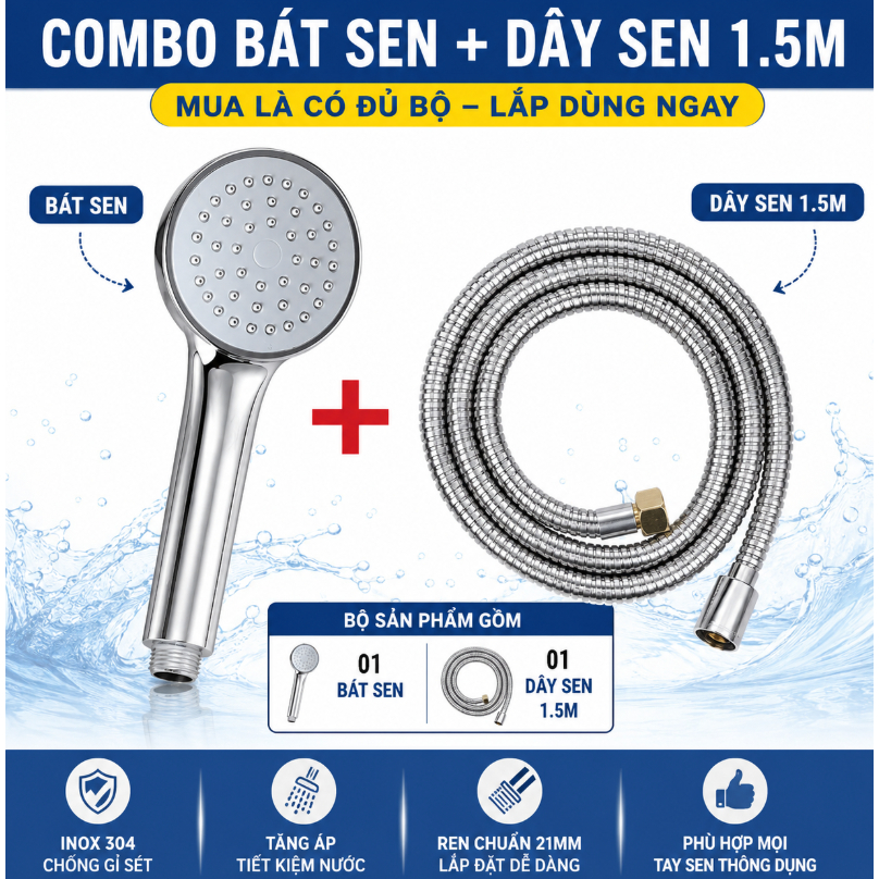 Vòi sen tăng áp, tay sen tắm inox 304 dây inox 304 nước mạnh chống gỉ bền đẹp