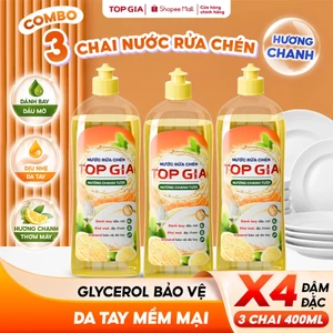 Nước Rửa Chén Bát TopGia Hương Chanh Tươi, Đánh Bay Dầu Mỡ, An Toàn Dịu Nhẹ Da Tay, Chai 400ml