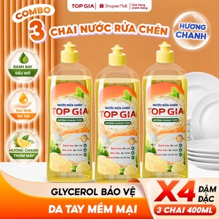 Nước Rửa Chén Bát TopGia Hương Chanh Tươi, Đánh Bay Dầu Mỡ, An Toàn Dịu Nhẹ Da Tay, Chai 400ml