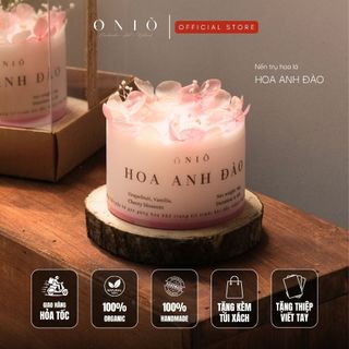 Nến trụ thấp trang trí hoa lá khô, kèm đế gỗ - Quà tặng sinh nhật, Hoa Anh Đào - ONIÕ