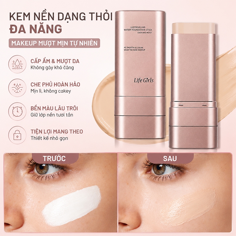 Kem nền dạng thỏi che khuyết, có kem che khuyết điểm và cọ tán nền, che khuyết điểm, kiềm dầu, tăng sáng da