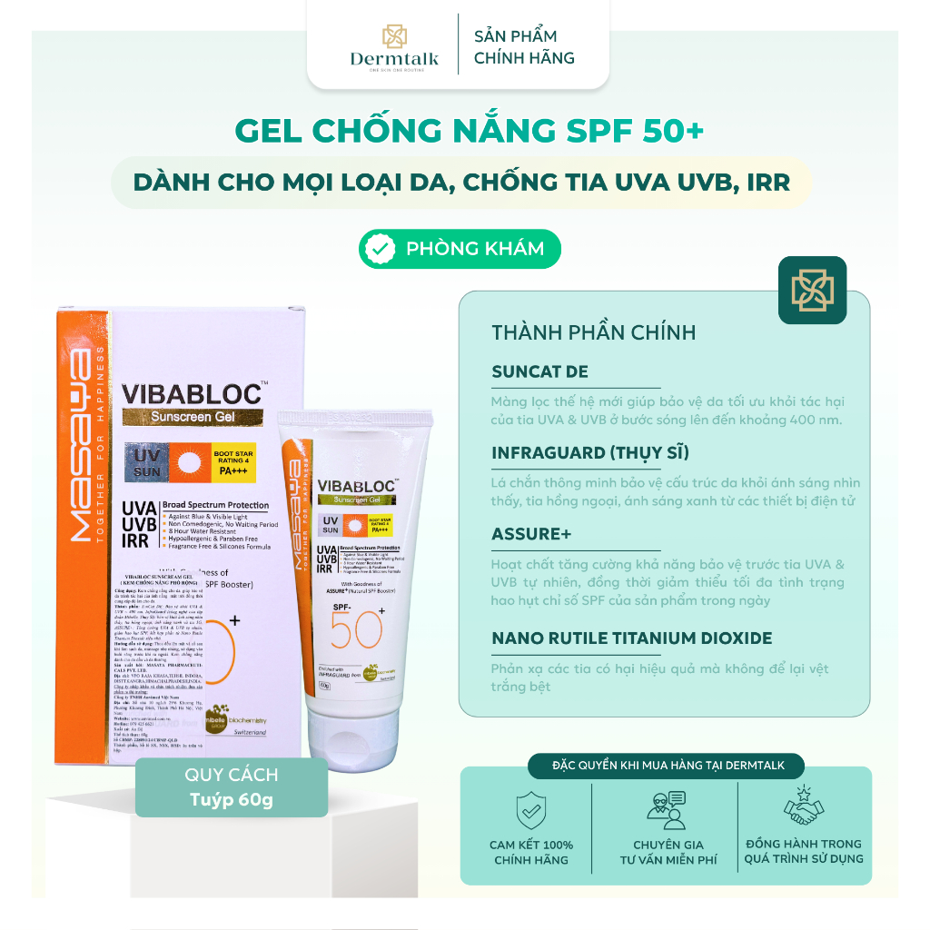 Gel chống nắng phổ rộng Masaya Vibabloc Sunscreen Gel SPF 50+ (60g) - Kem chống nắng dành cho mọi loại da