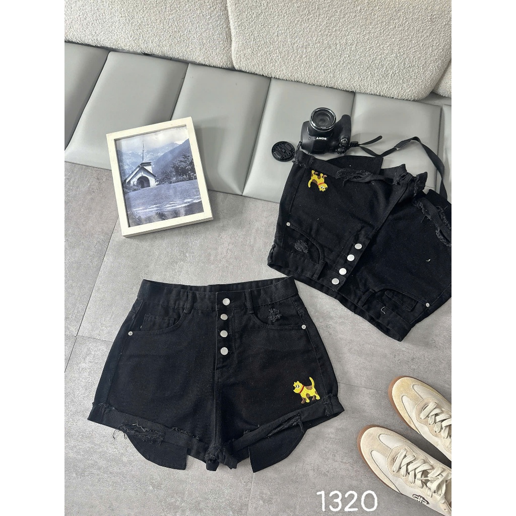 Quần short jean nữ bigsize 55-90kg túi lòi 4 nút thêu hình, quần đùi denim cạp cao đi du lịch MS1320