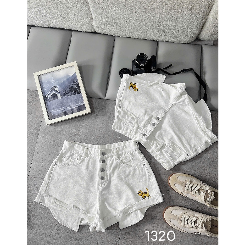Quần short jean nữ bigsize 55-90kg túi lòi 4 nút thêu hình, quần đùi denim cạp cao đi du lịch MS1320