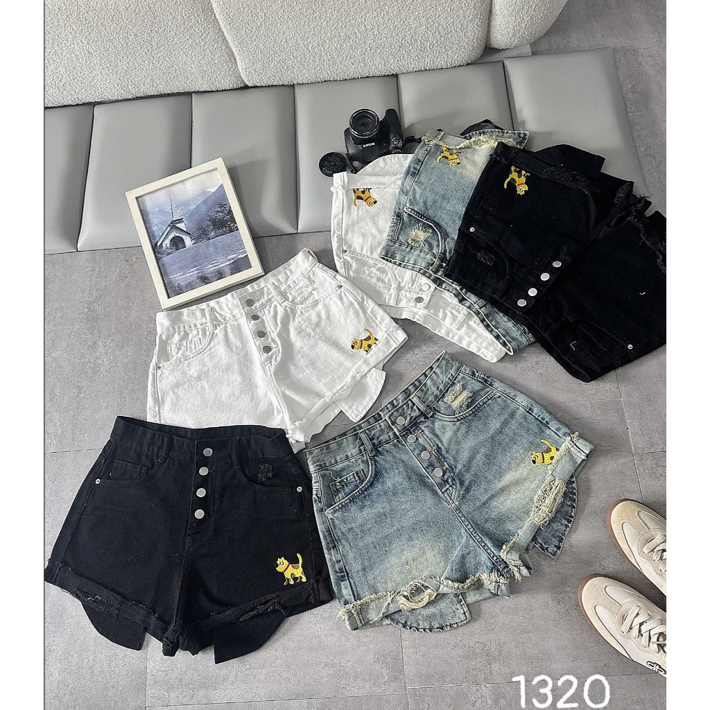 Quần short jean nữ bigsize 55-90kg túi lòi 4 nút thêu hình, quần đùi denim cạp cao đi du lịch MS1320
