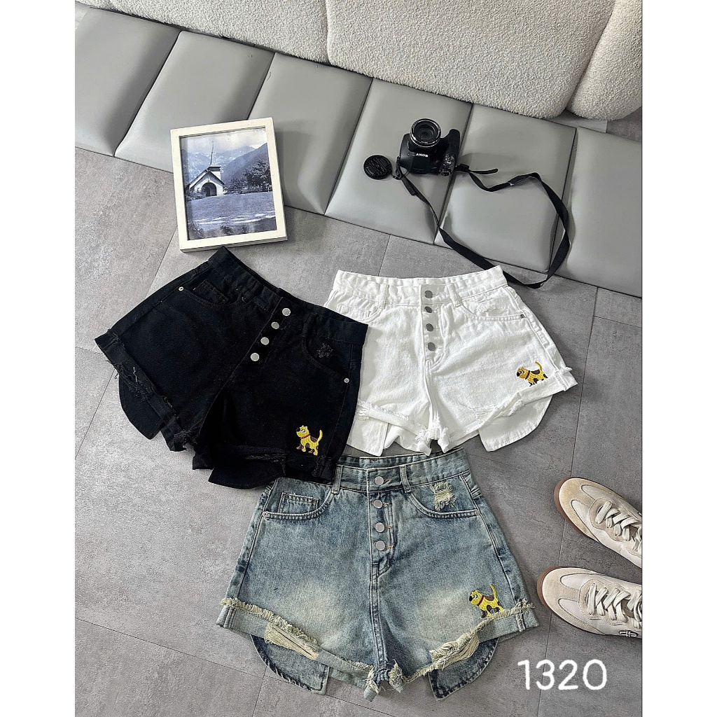 Quần short jean nữ bigsize 55-90kg túi lòi 4 nút thêu hình, quần đùi denim cạp cao đi du lịch MS1320