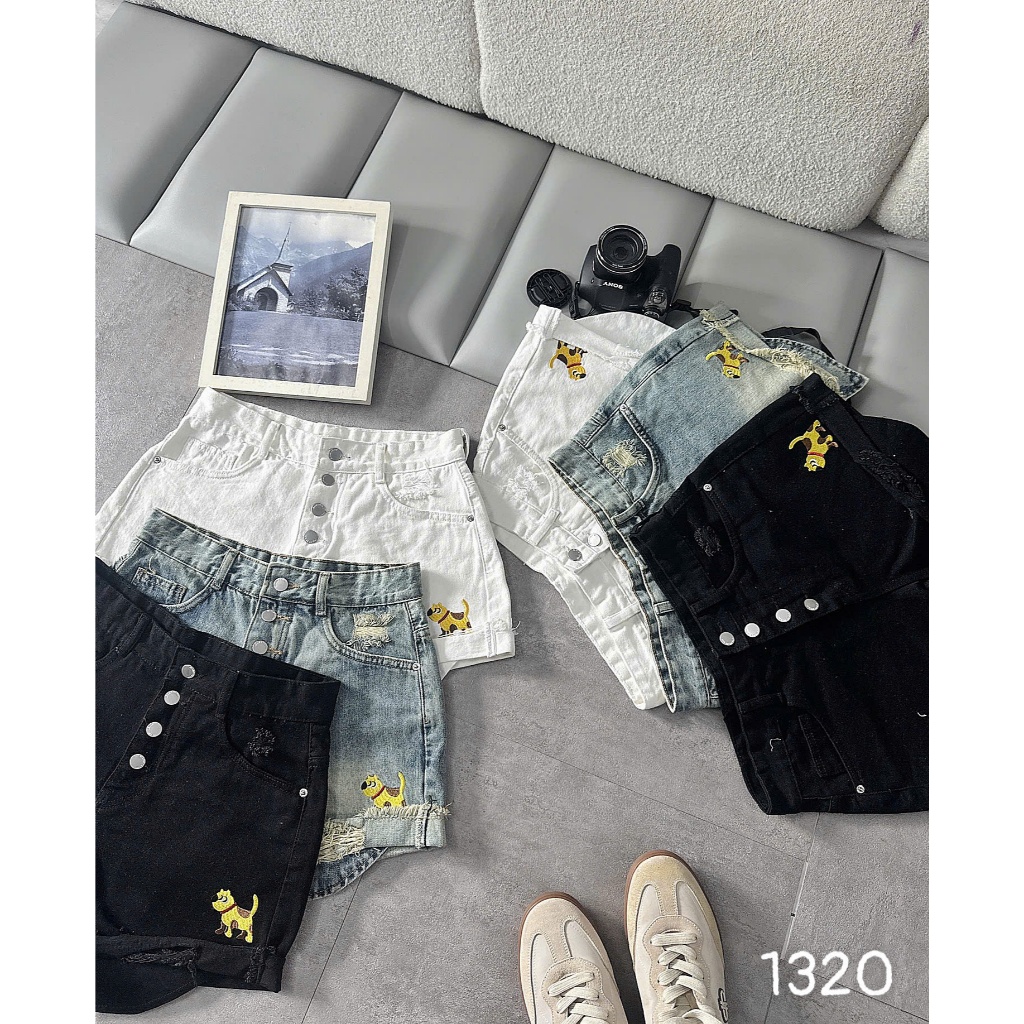 Quần short jean nữ bigsize 55-90kg túi lòi 4 nút thêu hình, quần đùi denim cạp cao đi du lịch MS1320