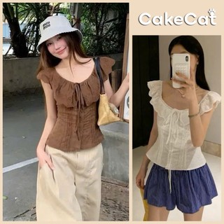 Áo Kiểu Nữ Trễ Vai Chất Boi Thêu Đục Lỗ Blossom Top Cổ Bèo Cài Cúc Giữa Nàng Thơ - Cakecat