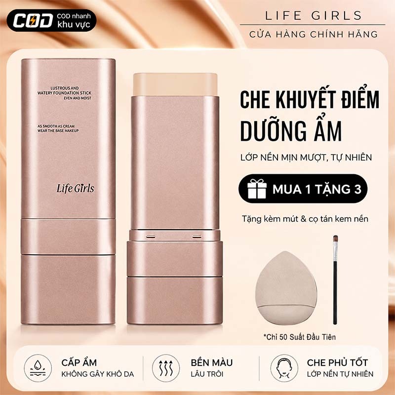 Kem nền dạng thỏi che khuyết, có kem che khuyết điểm và cọ tán nền, che khuyết điểm, kiềm dầu, tăng sáng da