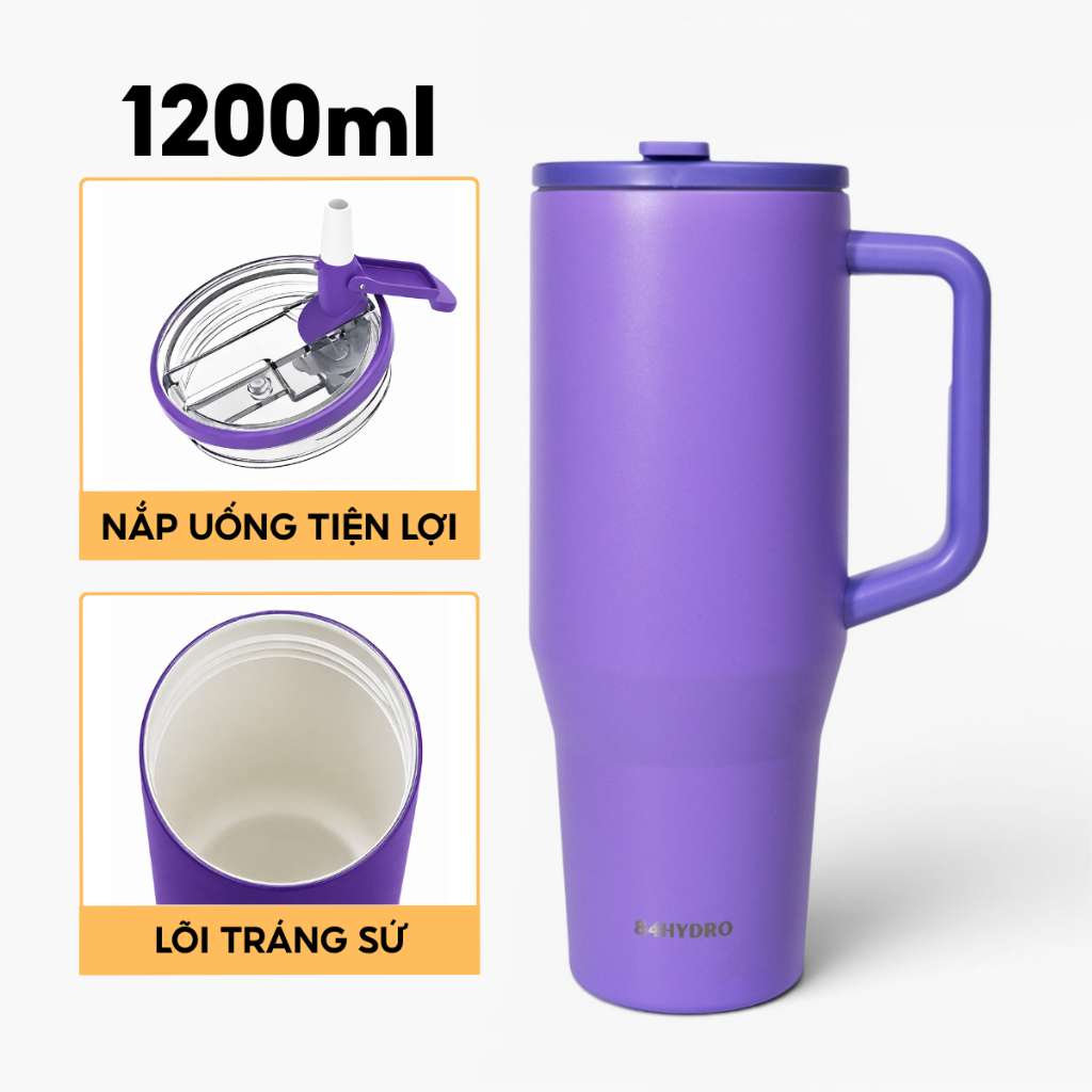 Ly giữ nhiệt lõi tráng sứ 84T1200C Lavender, inox304, dung tích lớn 1200ml, khắc tên theo yêu cầu