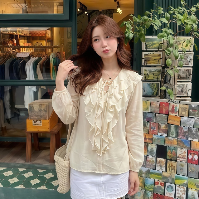 Áo Sơ Mi Nữ Kiểu Tay Dài Phối Bèo Xếp Tầng Mix Dây Nơ Nữ Tính Kimee - KA894