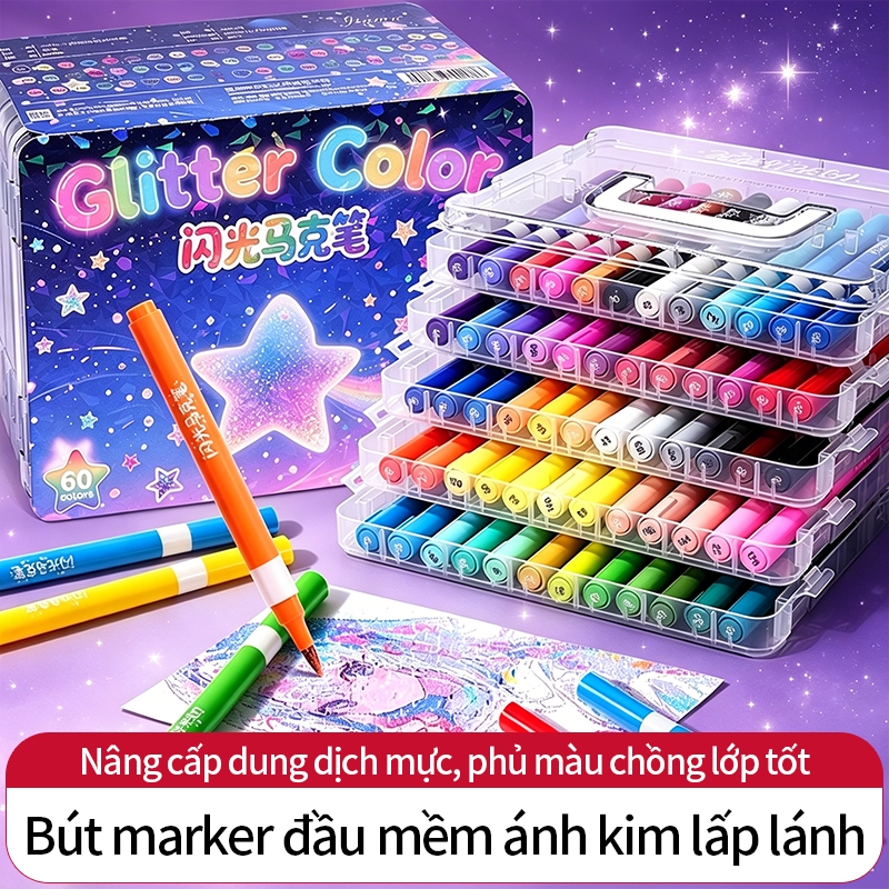 Bút sơn acrylic kim tuyến phát sáng đầu mềm bộ 60 màu không độc vẽ tranh DIY cho người lớn trẻ em