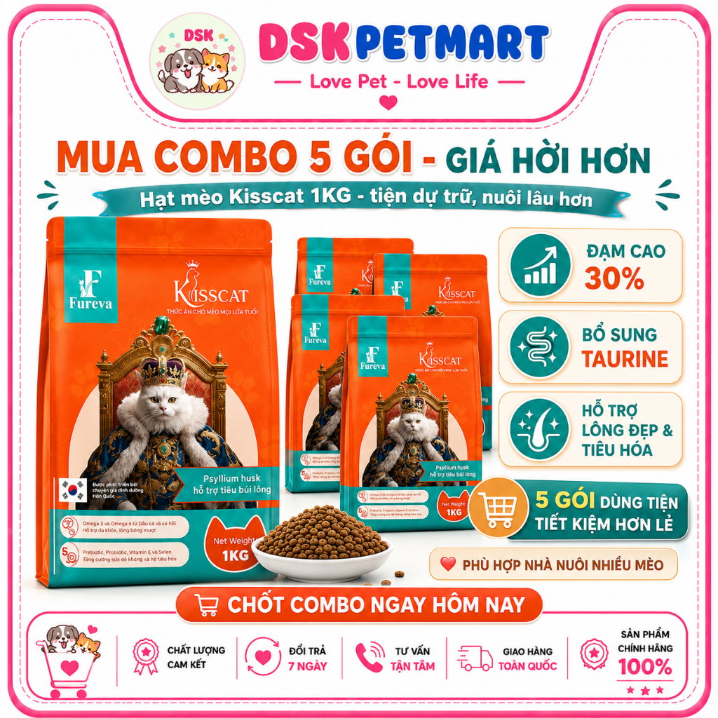[1KG TẶNG 5 SÚP S2] THỨC ĂN HẠT CHO MÈO KISSCAT 1KG – PHÙ HỢP MÈO MỌI LỨA TUỔI HỖ TRỢ TIÊU BÚI LÔNG TIÊU HÓA