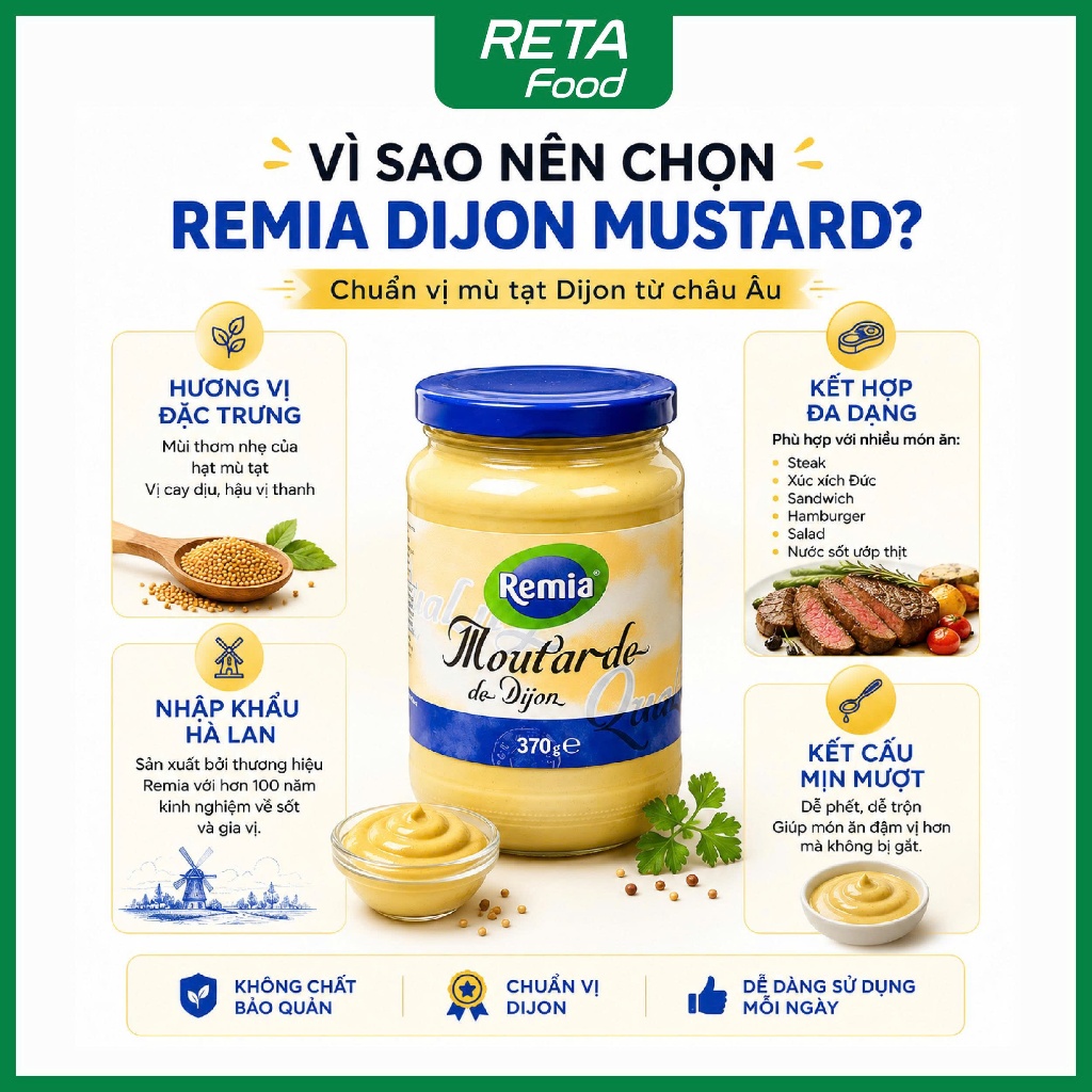 Sốt Mù Tạt Dijon Mustard Remia 370g/850g - Mù Tạt Dijon Vị Cay Nồng Tự Nhiên - Sốt Chấm Steak, BBQ - Nhập khẩu Hà Lan