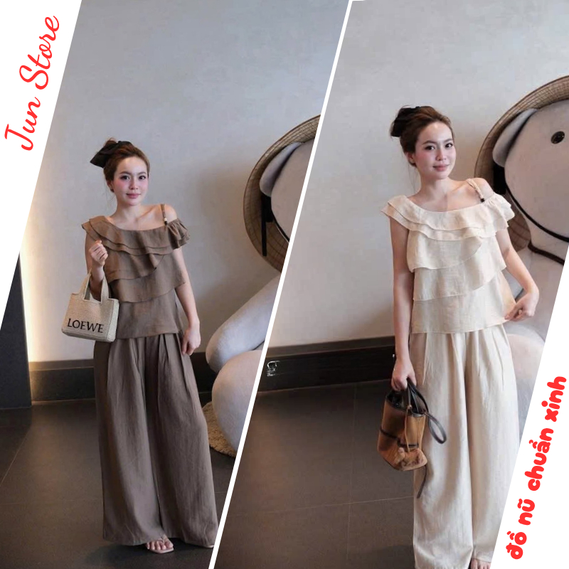 Set đồ nữ,Áo nữ chất đũi thiết kế áo lệch vai tầng kèm quần dài suông hot trend tôn dáng HCOM27621
