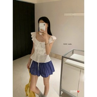 Áo Kiểu Nữ Trễ Vai Chất Boi Thêu Đục Lỗ Blossom Top Cổ Bèo Cài Cúc Giữa Nàng Thơ - Cakecat