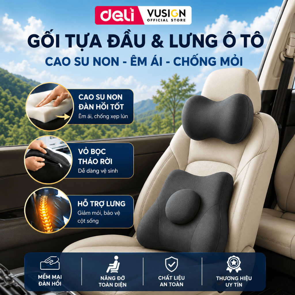 Gối tựa đầu và gối tựa lưng ô tô cao su non Deli đàn hồi chống mỏi cổ, giảm đau vai gáy, dễ dàng vệ sinh