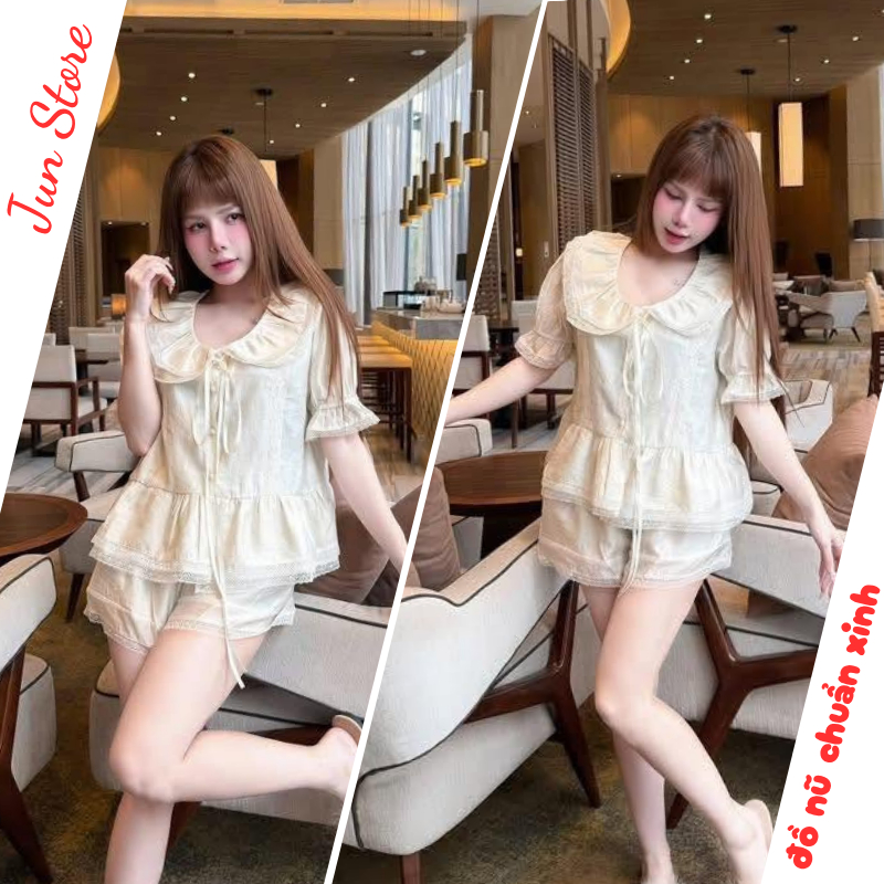 Set đồ nữ Áo tay ngắn cổ sen,set đồ babydoll phối viền ren cúc giữa dáng xòe tầng tiểu thư HCOM27575