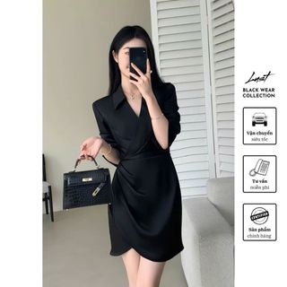 Đầm Đen Nữ Cổ V Thiết Kế Nhún Eo Tà Lệch Sang Chảnh LUST Váy Nữ Tay Lỡ Phong Cách Thanh Lịch TM102